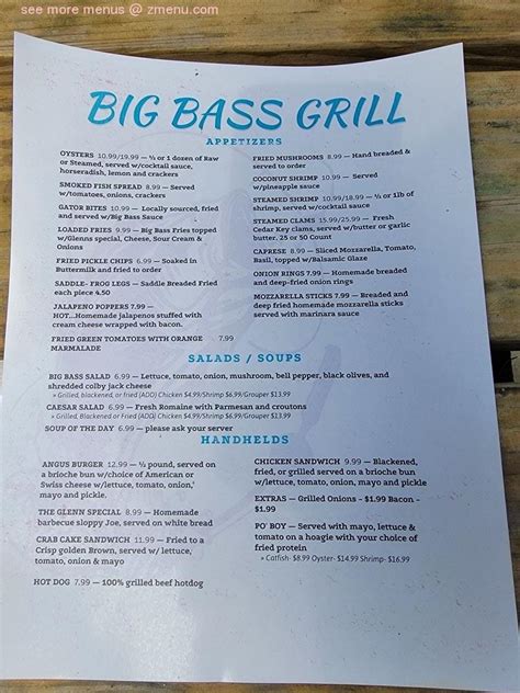 We had several items off the menu as well as a couple of the specials. . Big bass grill lakefront restaurant and marina